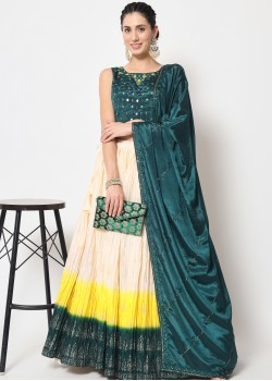 Dark Green And Cream Chinon Silk Designer Lehenga 